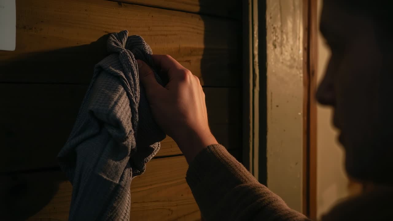 Woman's right hand reaching peg and pulling knotted cloth down, revealing warm wood panels for home