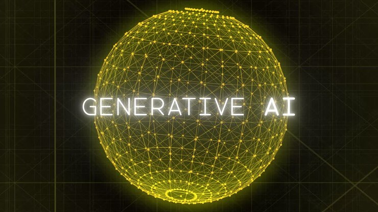 Yellow particles swirl together to form a glowing sphere as "Generative AI" animates onto screen