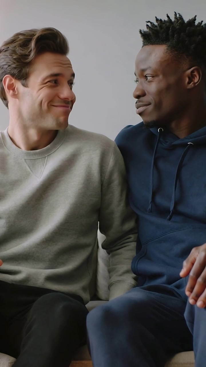 Video verticale: Uomo di destra che parla, avviando uno scambio cordiale con l'uomo a sinistra sul divano, con felpa girocollo.