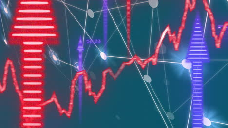 animación de gráfico rojo con flechas azules y rojas hacia arriba sobre la red de comunicación