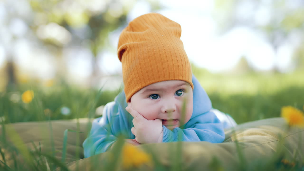 Caucasian boy resting in the green grass. Little infant kid lies on belly chewing his thumb. Blurred backdrop.