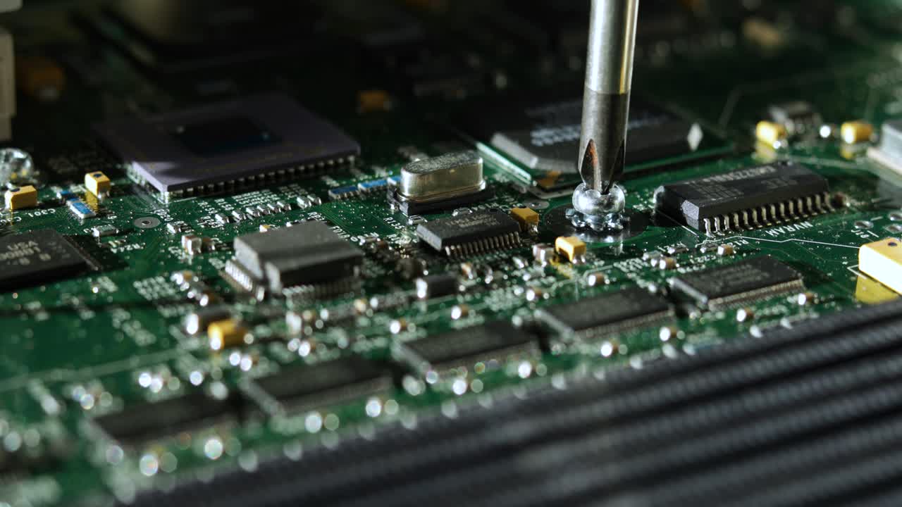 Putting the final screw in on a computer motherboard install.