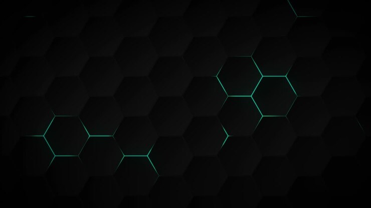Abstraktes dunkles Hexagonmuster auf blauem Neonhintergrund im Technologiestil. Modernes futuristisches Wabenkonzept.