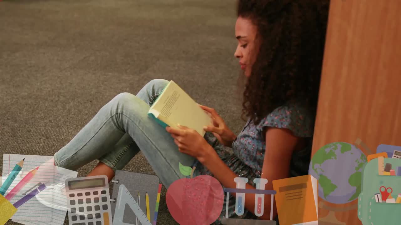 animación de artículos escolares coloridos sobre una escolar