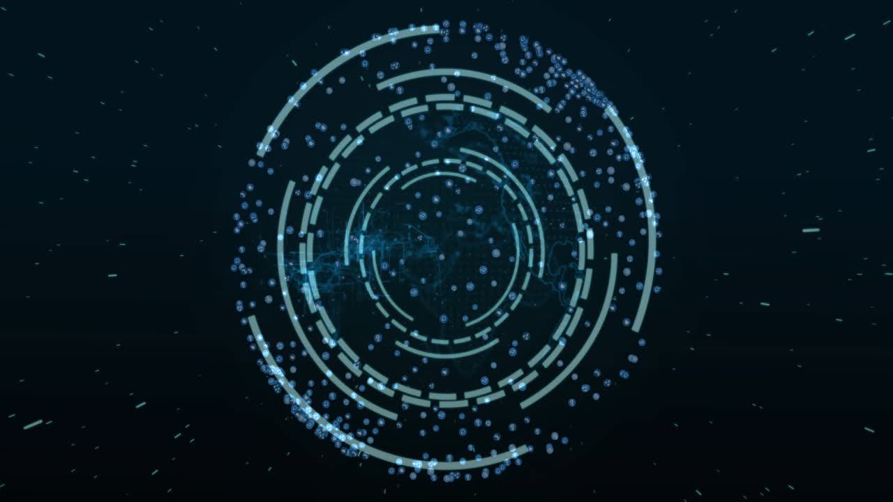 Dark void activating blue data core, ring interface emerging, rotating, pulsing showing processing