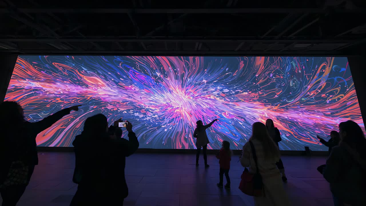Standing visitors pointing, filming with phone at gallery in coats, drawn to swirling digital wall
