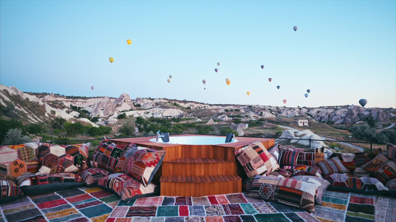 화려한 손으로 만든 카 ⁇ 과 뜨거운 공기 풍선이  ⁇ 은 계곡 위를 날아다니는 아름답고 매력적인 테라스