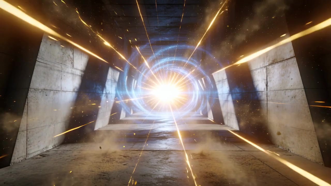 Portal appearing, brightening and emitting golden rays and sparks, blue rings pulsing in corridor