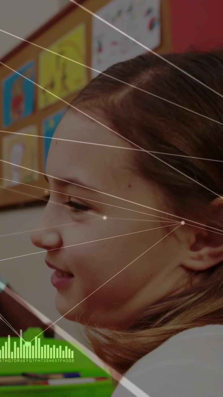 Vertical video: Pupil turning and responding while camera panning classroom lines sweeping over her