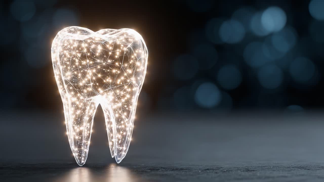 Una rappresentazione luminosa di un dente: l'intersezione tra salute dentale e tecnologia avanzata che mostra un'interpretazione futuristica e digitale della cura dentale.