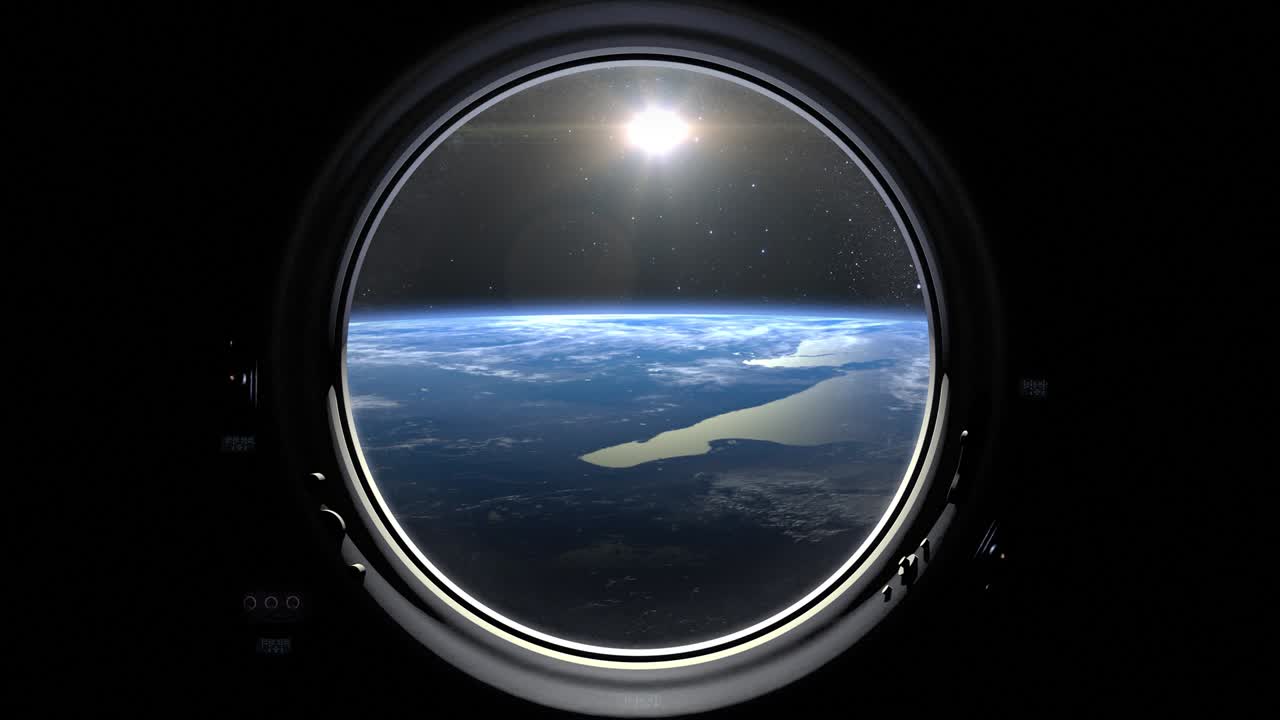 우주선의 구 창문을 통해 지구를 보십시오. 창문 안의 태양. 국제 우주 정거장은 지구를 돌고 있습니다. 오른쪽으로 움직입니다. 현실적인 대기.