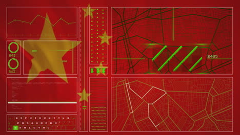 data analysis and mapping animation over red background with chinese flag elements