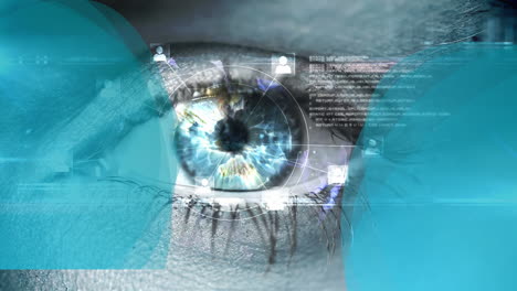 animación de pancartas azules con espacio de copia y procesamiento de datos en primer plano del ojo femenino