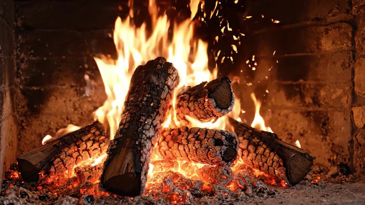 Un camino caldo e invitante con un fuoco accogliente che irradia calore e crea un'atmosfera rilassante, perfetto per riunirsi con amici e famiglia durante le serate fredde