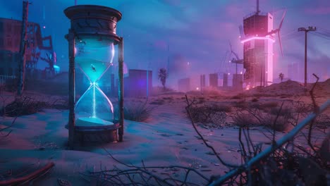 post-apocalyptic desert cityscape with hourglass