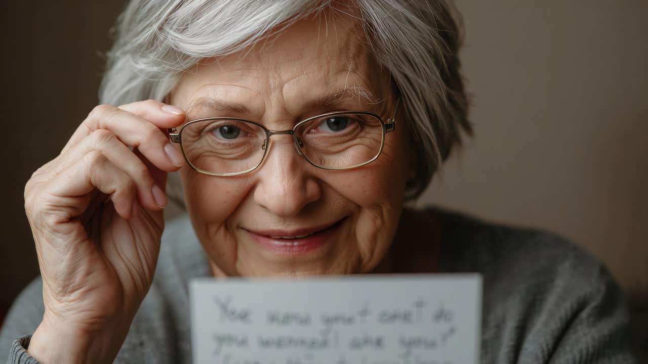 Seeing note, senior woman in gray sweater lifting glasses, adjusting lenses while reading at home