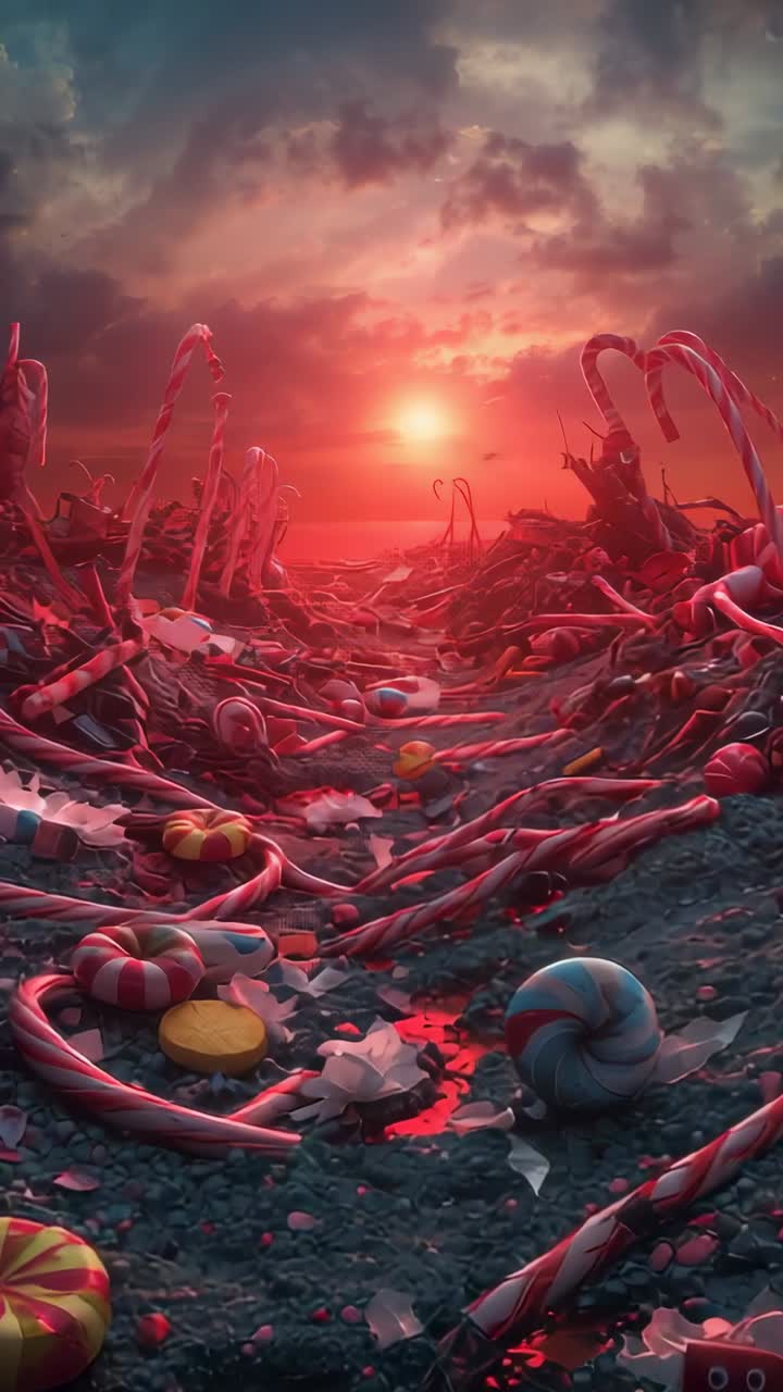 Vertical video: Tracking camera moving through candy cane arch, toward glowing sun orb