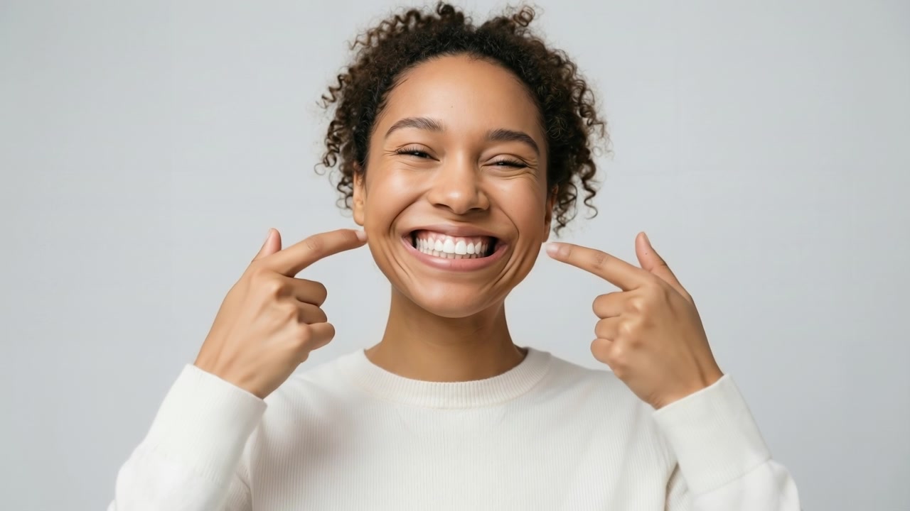 Jovem mulher com cabelo cacheado sorrindo e apontando para o rosto com as duas mãos em um cenário de estúdio