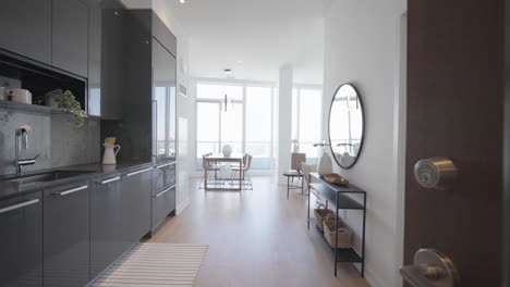 door opening intro enter into a cozy high-rise residential penthouse unit in a condominium during a sunny day