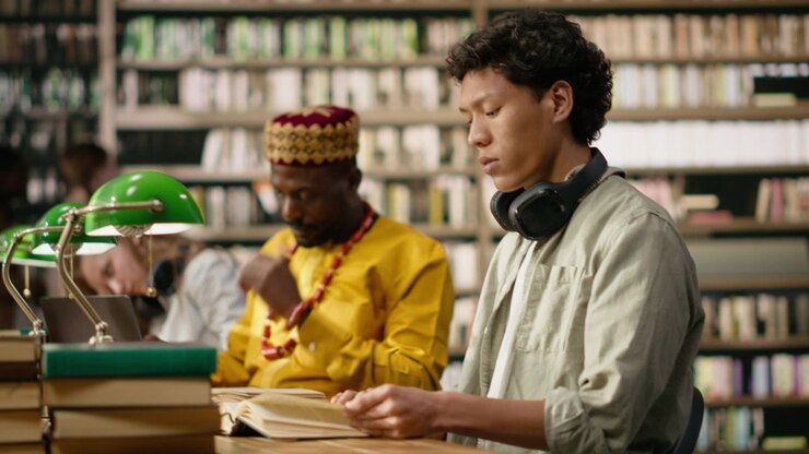 Studente asiatico con cuffie che legge a un tavolo della biblioteca dietro pile di libri