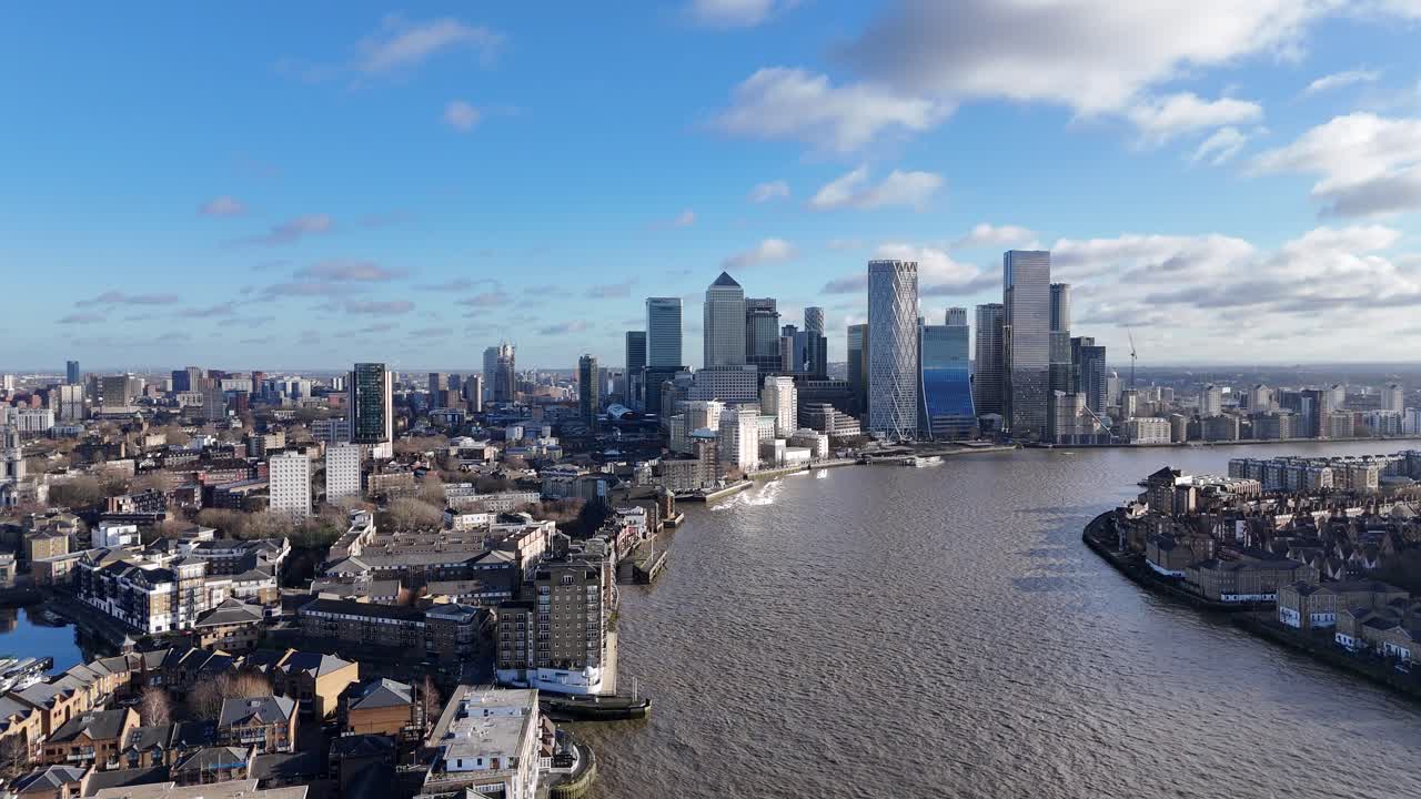 Ascending drone,aerial London docklands financial district