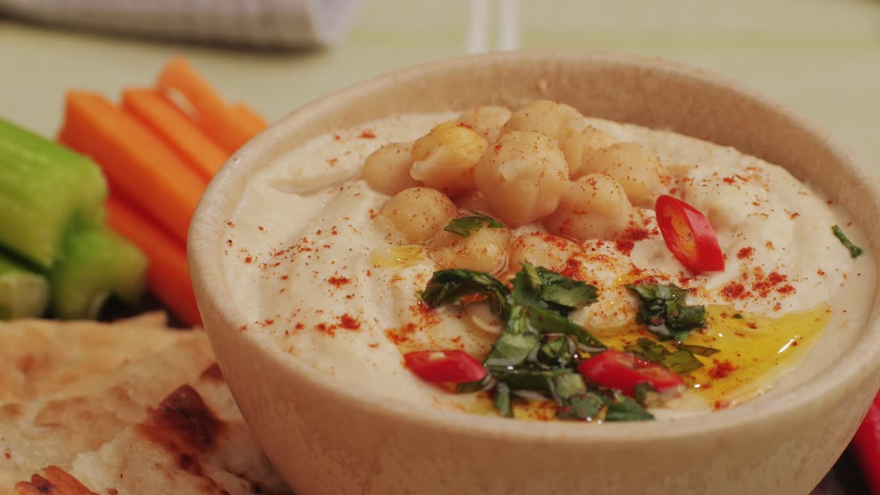 Hummus among fresh vegetables on table close-up. Hummus garnished with chickpeas, olive oil, spices and greens. Hummus or fava, a hearty snack of legumes. Kosher healthy vegan food. Lean, vegetarian dish