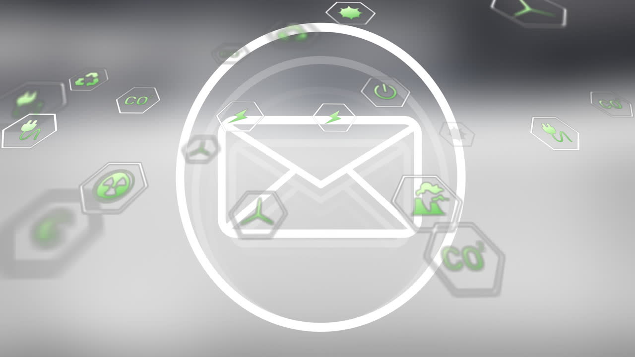 Email icon surrounded by eco-friendly symbols and green energy animation