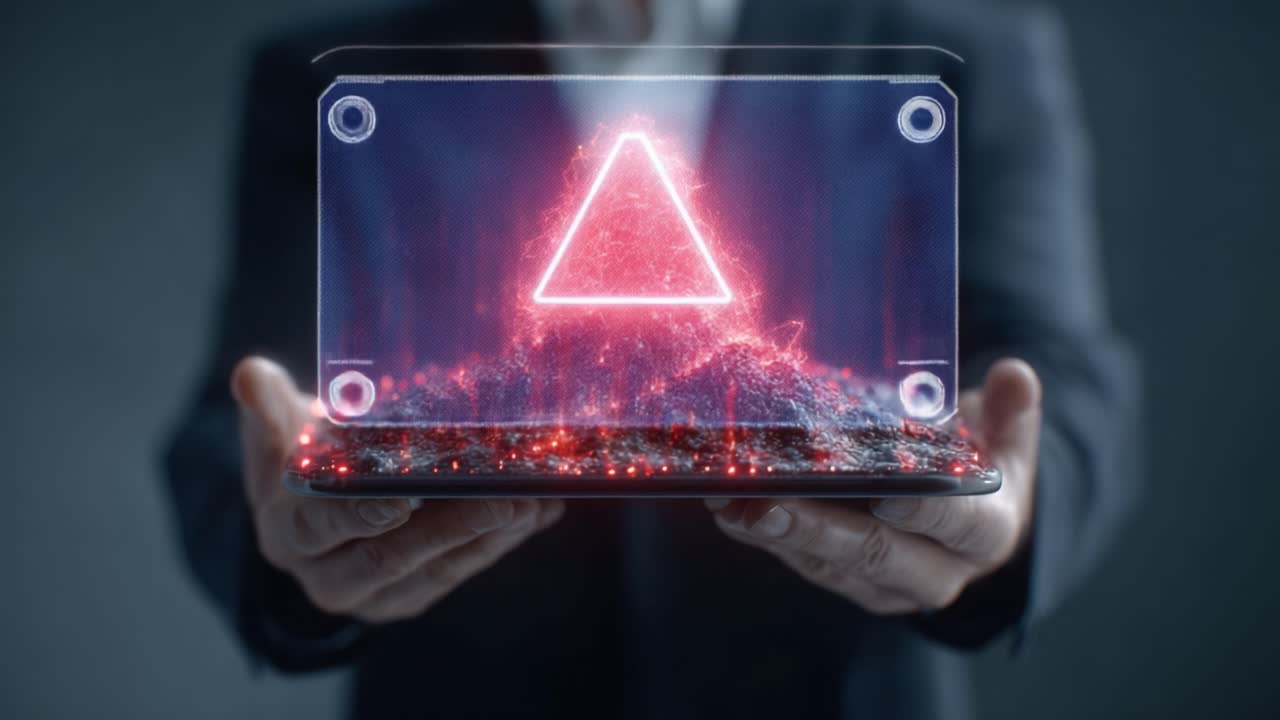 A futuristic presentation showcasing a glowing triangular symbol erupting from a digital tablet, blending technology and abstract art with vibrant colors and intricate designs