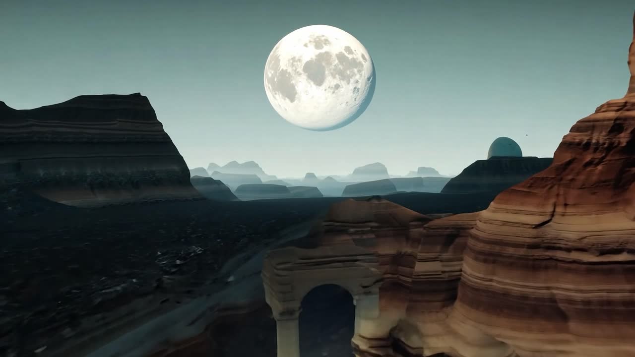 Canyon features a large moon in the background, gradually transforming from red rock to dark rock over time