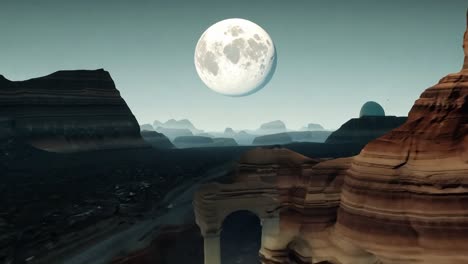 canyon features a large moon in the background, gradually transforming from red rock to dark rock over time