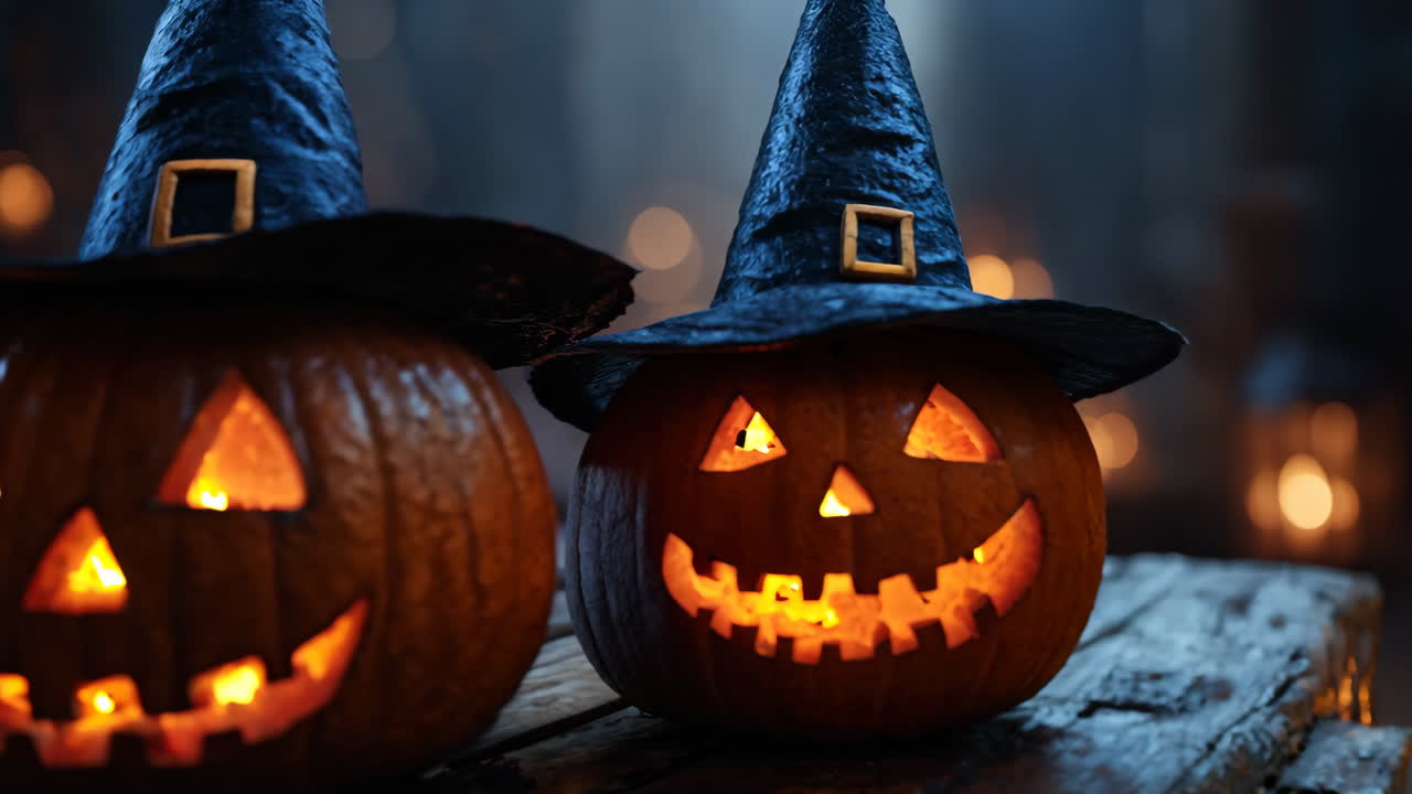 Two pumpkins with witch hats on top of a table. The pumpkins are lit up and have a spooky, Halloween vibe