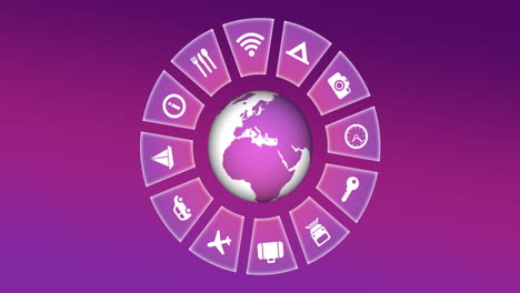 animation of travel icons with globe and copy space on pink background