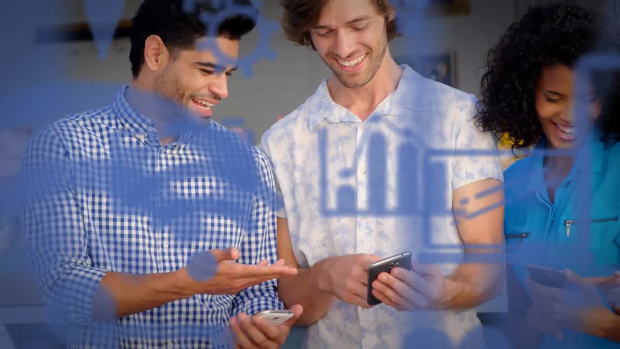 iconos digitales contra colegas de oficina que usan dispositivos electrónicos