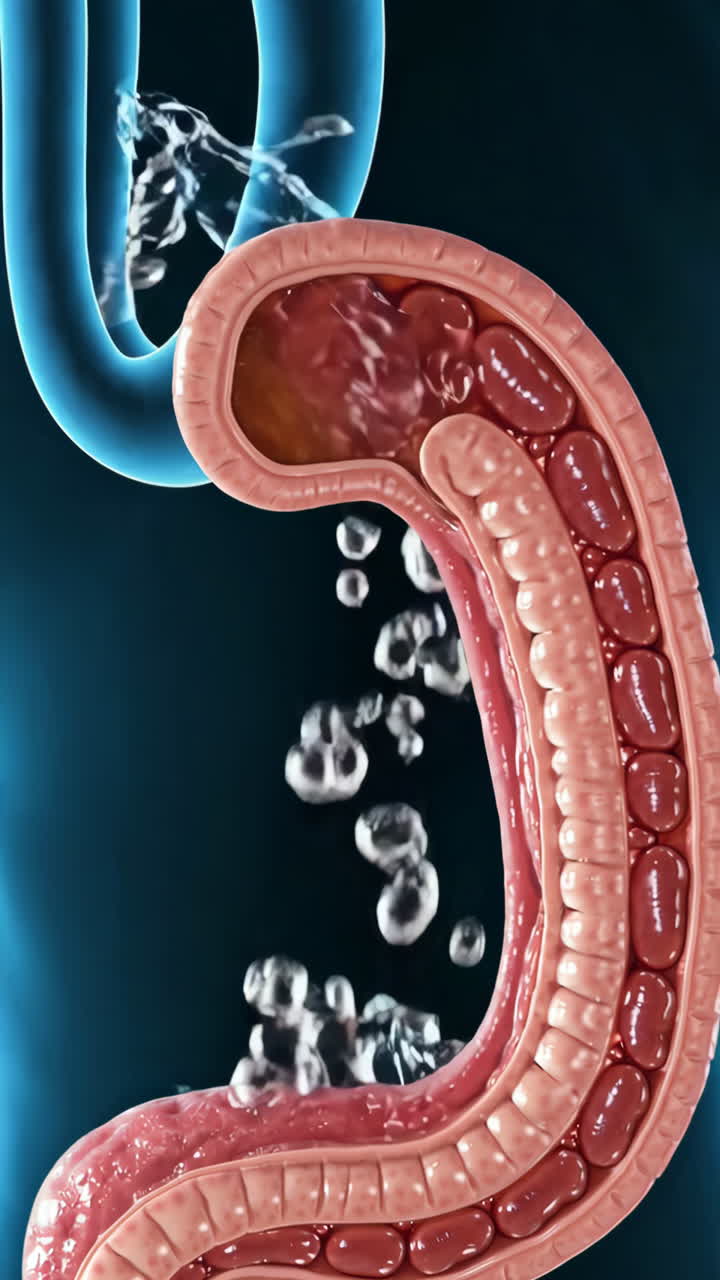 anatomía del estómago y el intestino con flujo de líquido