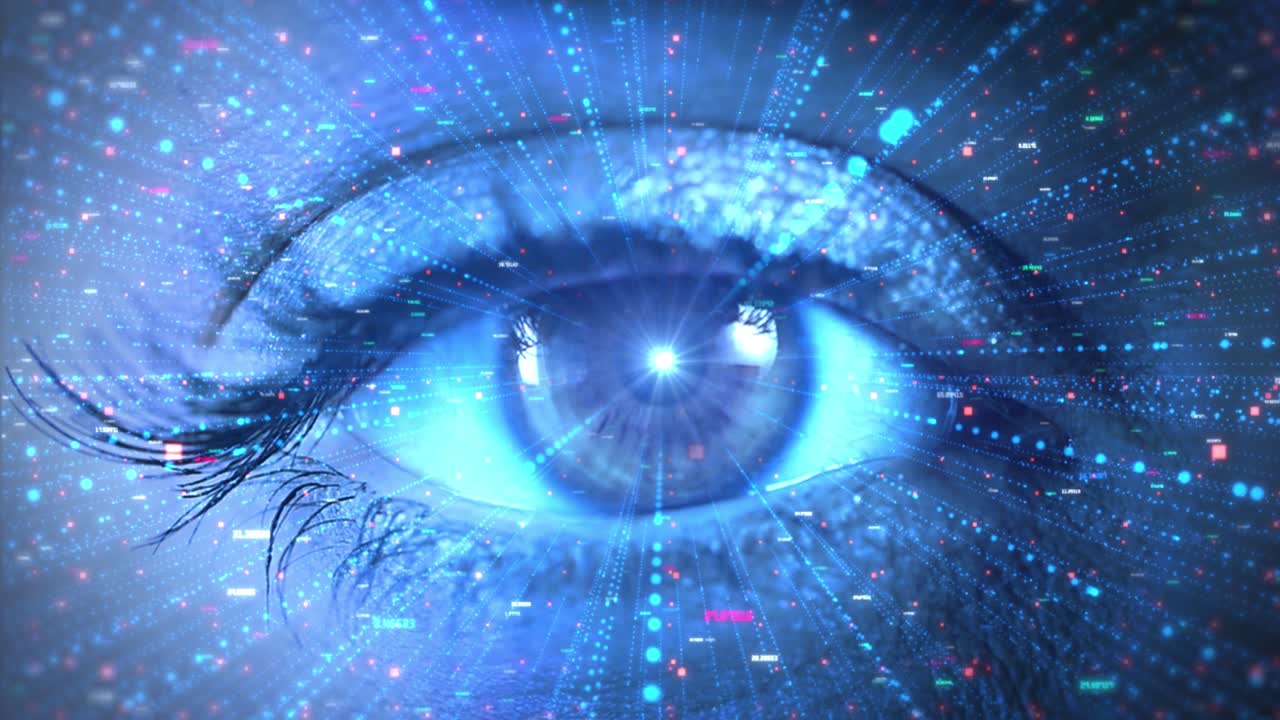 4k hud ojo visualización de tecnología digital círculos de información y signos de fondo.