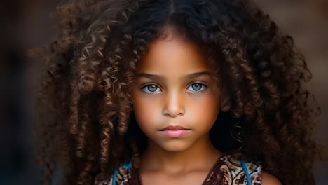 portrait of a beautiful young girl with big, curly hair and captivating blue eyes, striking a serious pose that highlights her unique beauty and innocence