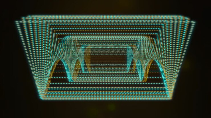 Abstract rectangles spinning, transforming into strange hypnotic structure with glitch effect.