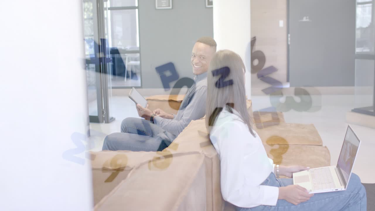 Man looking back checking in, tapping tablet, woman glancing laptop, digits over glass, business