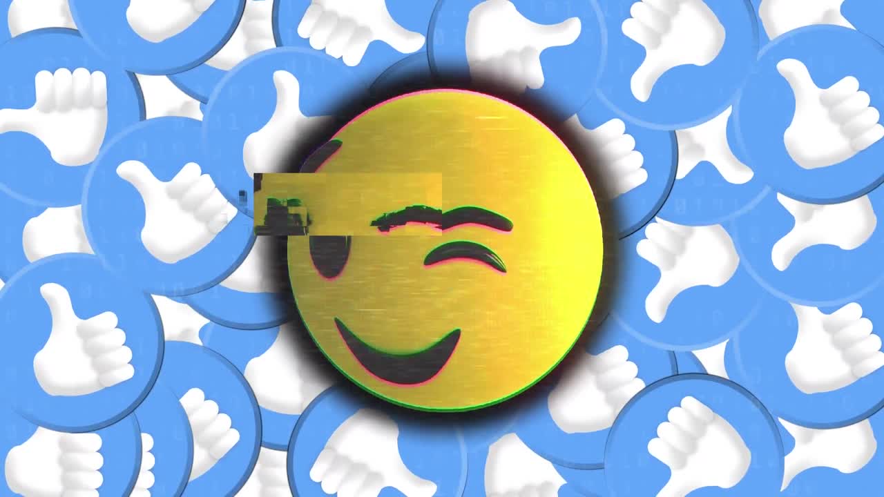 animación digital del efecto glitch sobre emoji de cara parpadeante contra múltiples iconos similares en el fondo