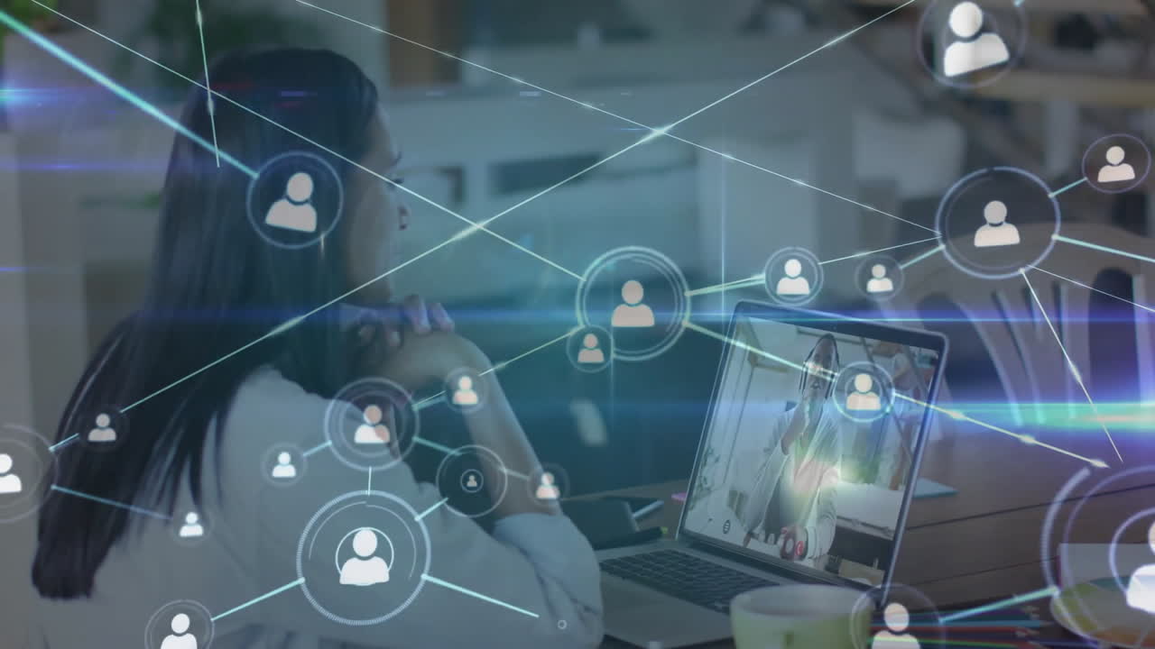 Network of connections animation over woman video conferencing on laptop