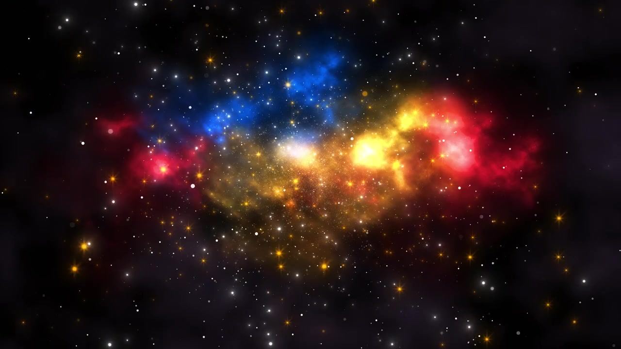Colorful galaxy nebula background glowing stars red blue clouds golden dust deep black space