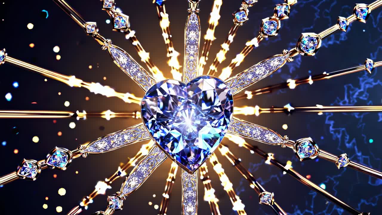 Golden rays emanating from a central heart shaped diamond, adorned with smaller diamonds, create a dazzling spectacle against a dark backdrop, enhanced by subtle light effects