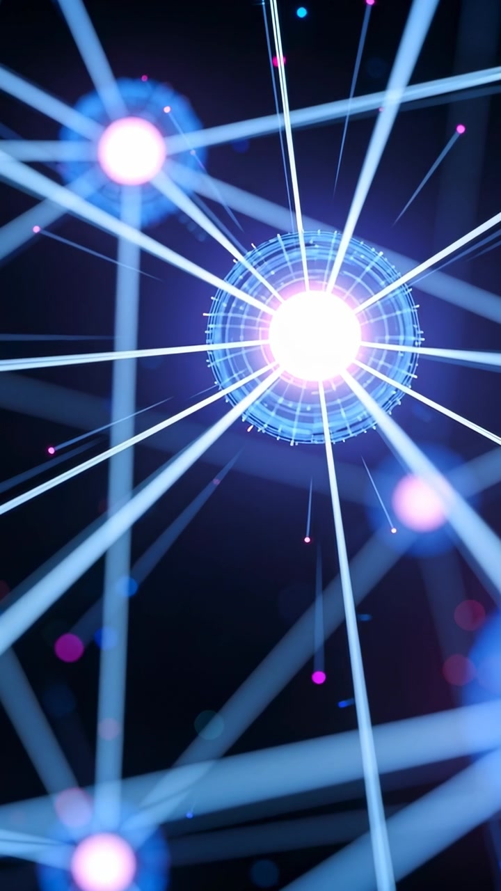 Video verticale: Sfera pulsante che emette raggi nel vuoto, inviando impulsi attraverso una griglia, illuminando i nodi