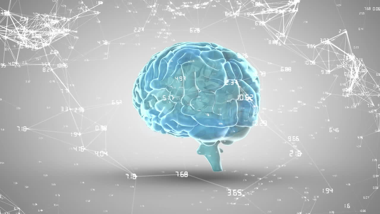 회색 배경에 인간 뇌 아이콘을 회전시키는 연결 네트워크의 애니메이션