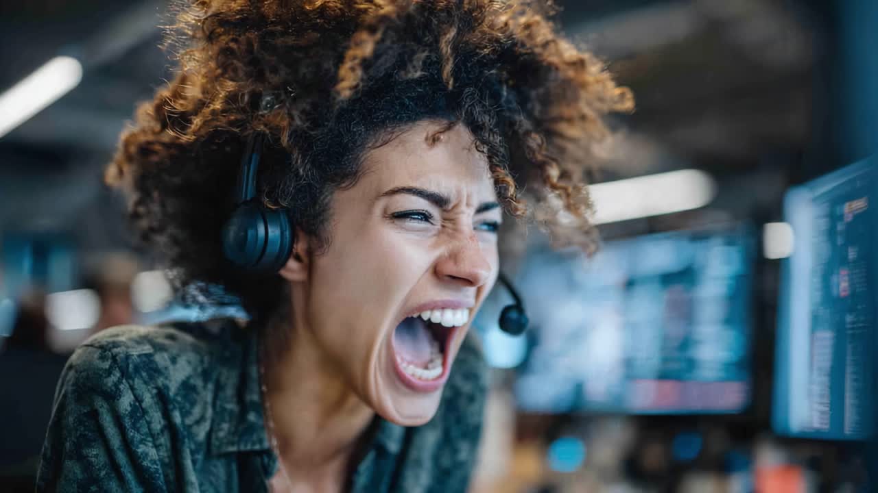 Hochmotivierter Kundendienstmitarbeiter schreit frustriert, während er ein Headset in einer schnelllebigen Büroumgebung benutzt, um Kundenprobleme zu lösen