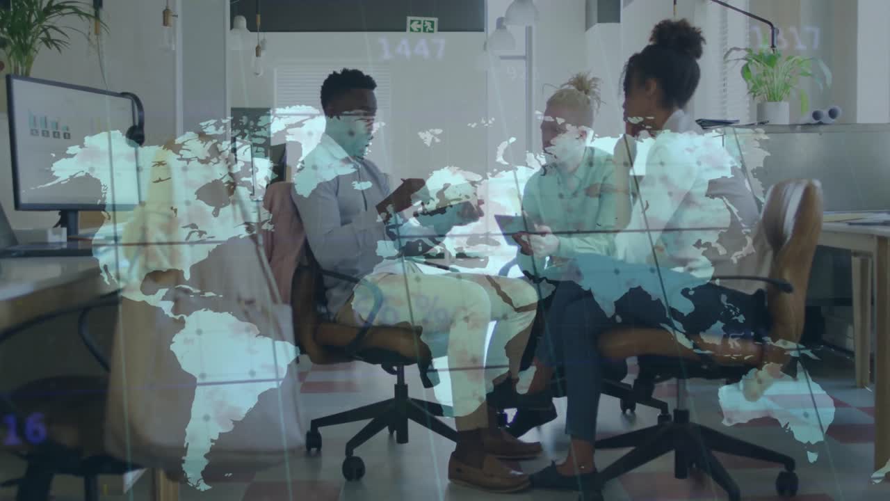 Animation of data processing over diverse business people in office