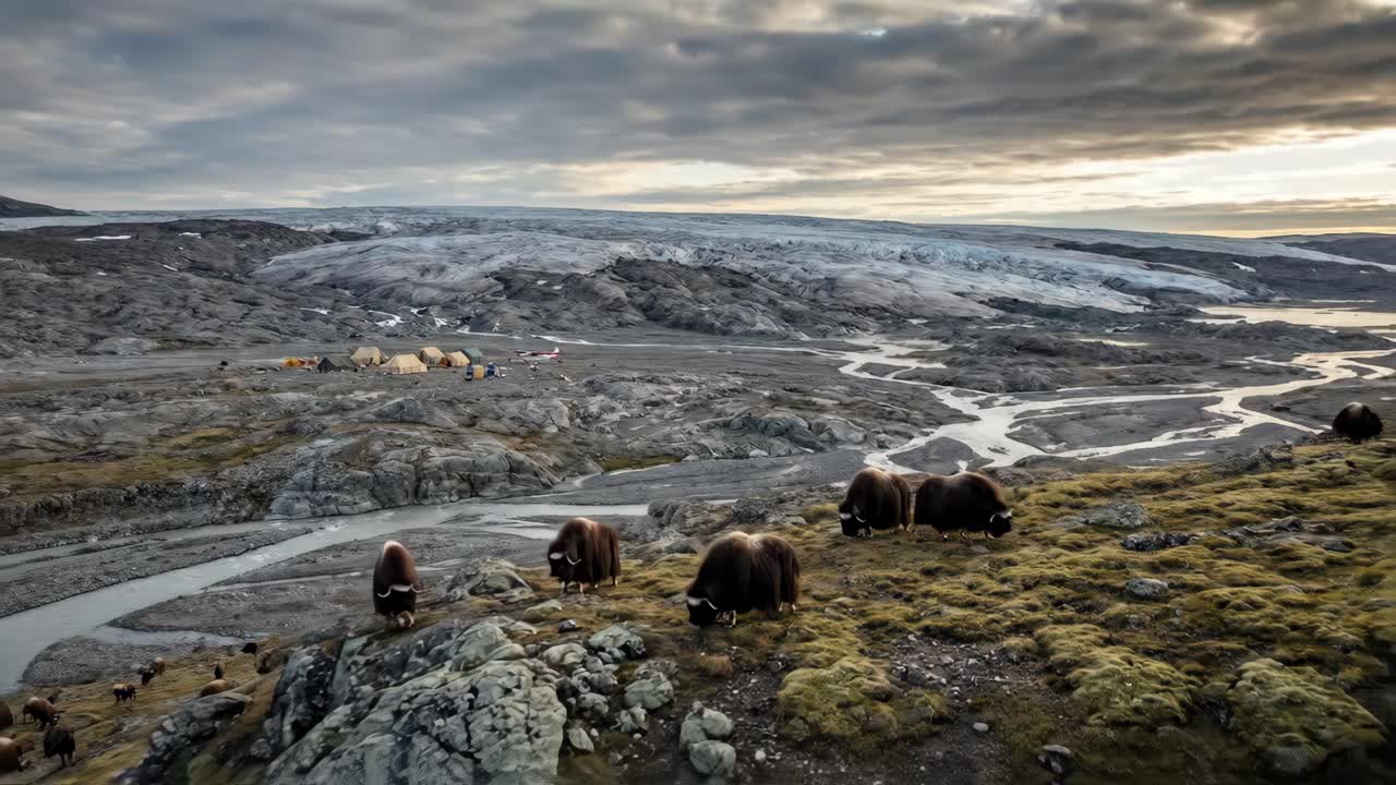 Moskusokser græsser på tundraen med gletsjer og flod