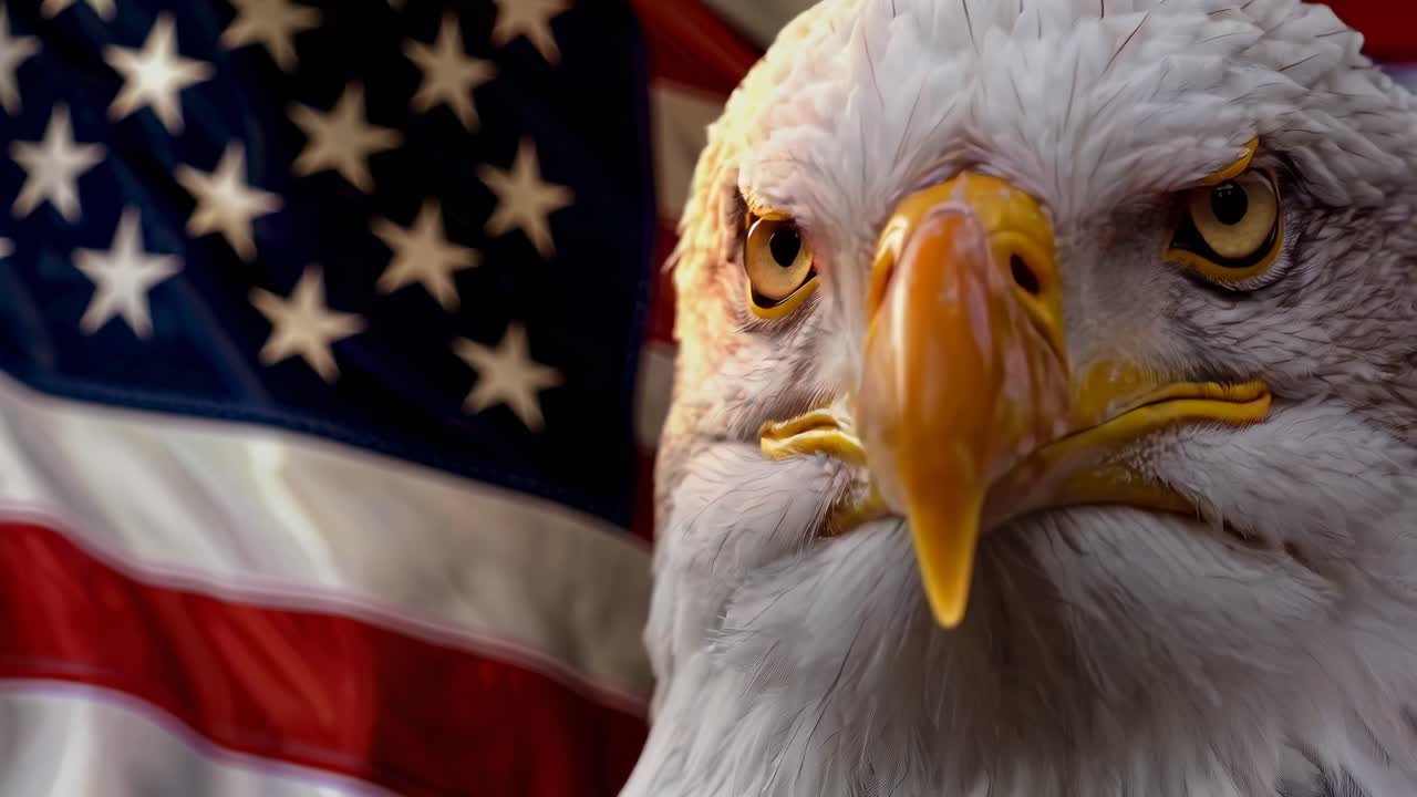 Primo piano, ripresa dal basso di un'aquila calva con la bandiera americana sullo sfondo