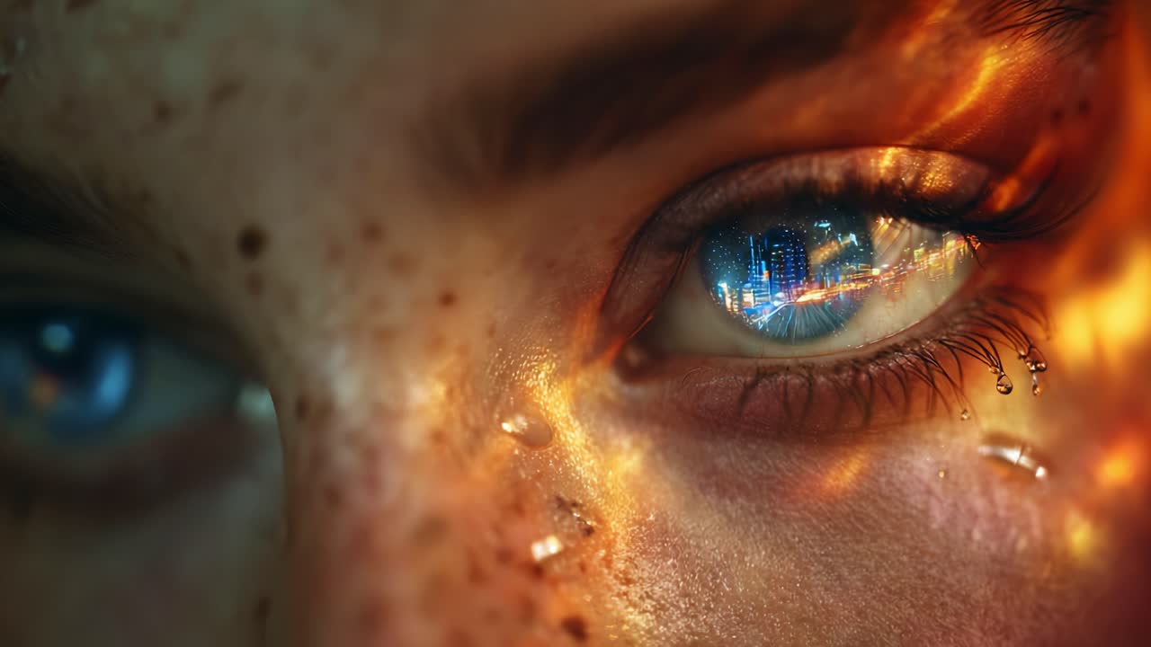 A Close-Up Look at a Mystical Eye Reflecting an Enigmatic City Scene, Blending Reality and Fantasy with Vivid Colors and Captivating Details in a Surreal Visual Experience