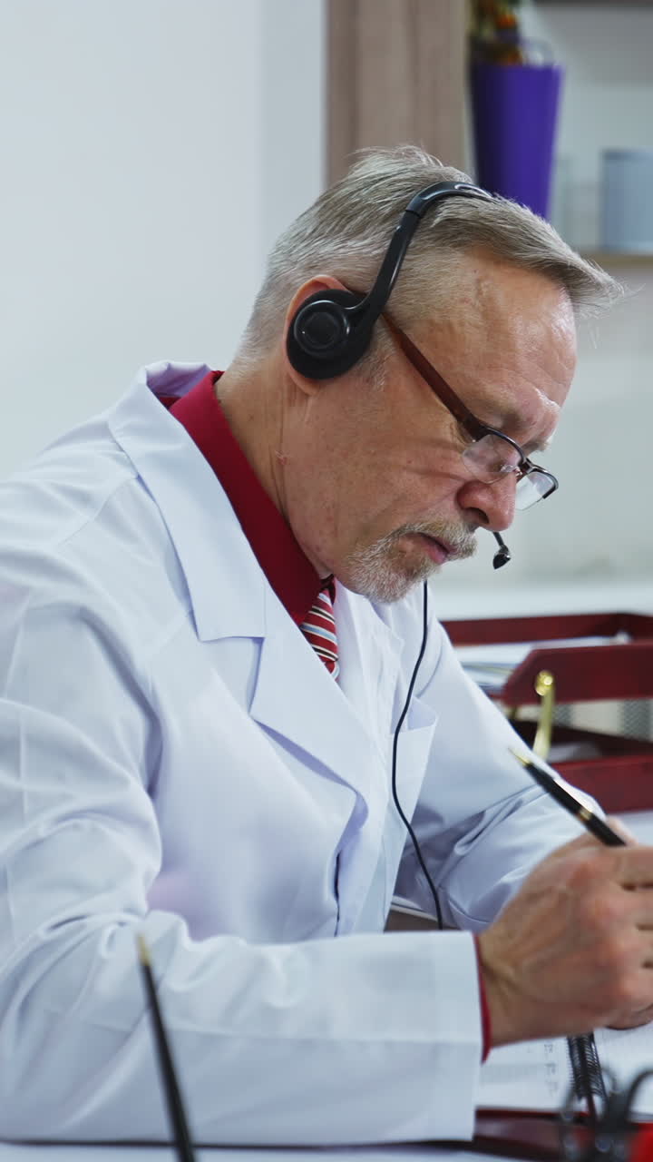 Doctor making an appointment of a patient online. Professional doctor in medical gown having a distant video call. Remote consultation. Vertical video